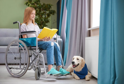 Girl in wheelchair reading book with service dog by her side indoors
