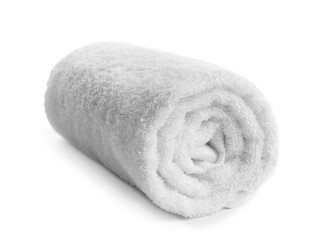 Fototapeta na wymiar Rolled clean terry towel on white background