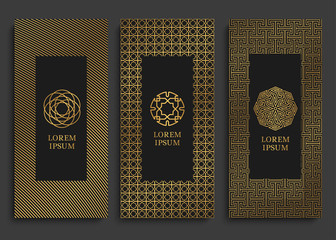 Packaging templates with golden geometric patterns. Vector illustration