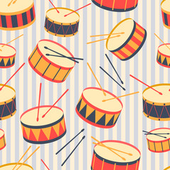 Seamless pattern with drums and drum sticks. Pattern. Flat.