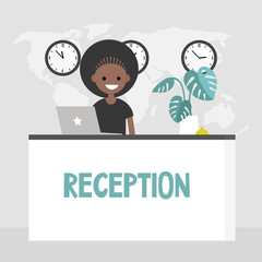 Young smiling concierge standing behind the reception desk. Hotel lobby. Tourism. Flat editable vector illustration, clip art