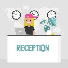 Young smiling concierge standing behind the reception desk. Hotel lobby. Tourism. Flat editable vector illustration, clip art