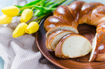 Easter sweet bread. Wicker homemade sliced bread.