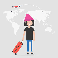 Young female traveler holding a cabin luggage. Flight. Destination. Tourism. World map. Flat editable vector illustration, clip art