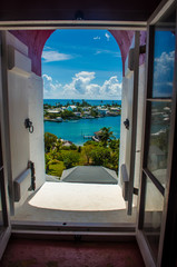 Blue sky and ocean out of lighthouse window