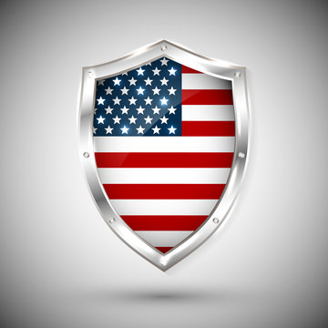 USA flag on metal shiny shield vector illustration. Collection of flags on shield against white background. Abstract isolated object
