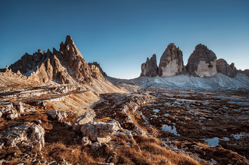 beautiful  sunset  at Tre Cime di Lavaredo, Dolomites Alps, Italy. mountain view. natural background