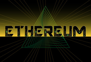 Ethereum text yellow black background with futuristic chip. Vector.