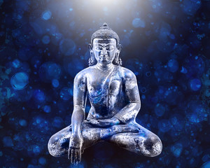 Fototapeta na wymiar Sitting Buddha over blue background. Vector illustration. The symbol of Hinduism, Buddhism, spirituality and enlightenment