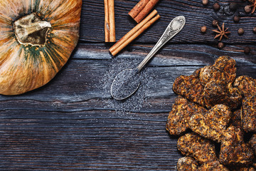 Heart cookies on a background of dark boards.