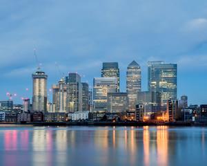 Early morning view of Canary Wharf financial offices in London