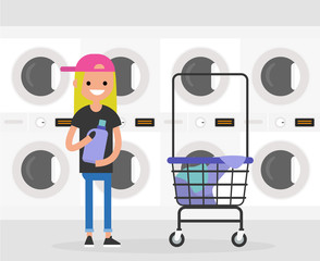 Daily routine. Young character washing clothes in a public coin laundry. Flat editable vector illustration, clip art
