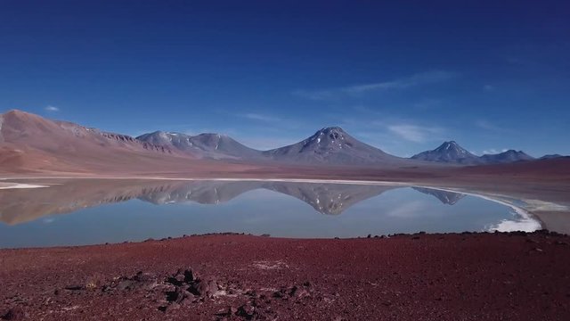 Reflex in lake of the mountain panorama in the Atacama desert. Aerial view, 4k