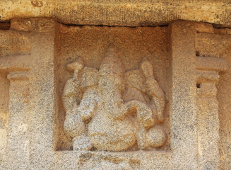 Stone bas-reliefs on Hindu temples. Prasanna Virupaksha temple is also known as the Underground Shiva Temple in Hampi, Karnataka, India.