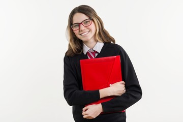 Obraz premium Girl teenager, high school student. Poses on a white background