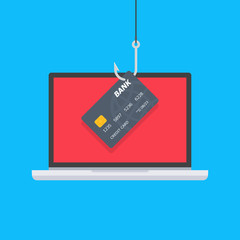 Credit or debit card on fishing hook, internet security