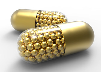 Golden capsule with gold drugs balls on white background. Close up. 3D illustration