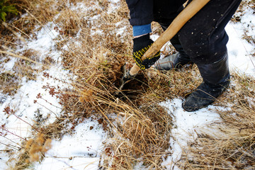 man digs the land on a wonderful winter day