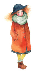 Watercolor illustration of a walking girl with ginger hair, wearing a red coat, hat and a big knitted scarf. Character design.