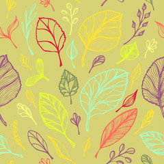 Fototapeta premium Seamless pattern from Hand draw structure of leaves colorful on green in line art for design flyer banner or for decoration package of tea or cosmetic or perfume or for design of botanical theme
