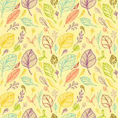 Obraz premium Seamless pattern from Hand draw structure of leaves colorful on yellow in line art for design flyer banner or for decoration package of tea or cosmetic or perfume or for design of botanical theme