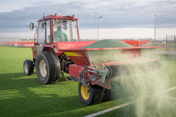 Pouring infill granules in to a football pitch with artificial grass.