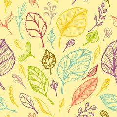 Obraz premium Seamless pattern from Hand draw structure of leaves colorful on yellow in line art for design flyer banner or for decoration package of tea or cosmetic or perfume or for design of botanical theme
