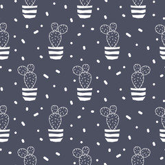 Cactus plant in a pot blue seamless pattern. Cacti vector background monochrome.