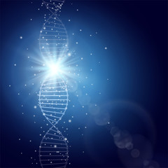 DNA molecule background, spiral construction with magical sparkle, symbolizing miracle of life, power of genetics. Heredity phenomenon vector illustration.