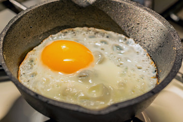 Close-up of fried eggs in a frying pan