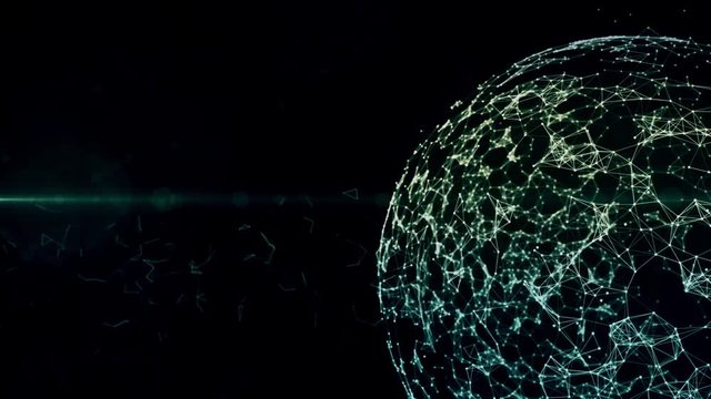 Global Blockchain network in digital cyberspace. Financial or social abstract background animation 4K closeup shifted to the right