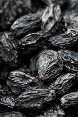 Close-up of dark raisins currant . Top view point.Black raisins texture.Selective focus