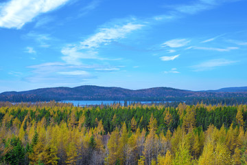 View of Northern Ontario lake during the fall, taken from the town of Wawa