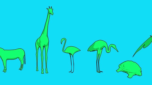 Animal biodiversity scrolling against solid blue background. 3d cartoon animation. Animals in Solid Green colors