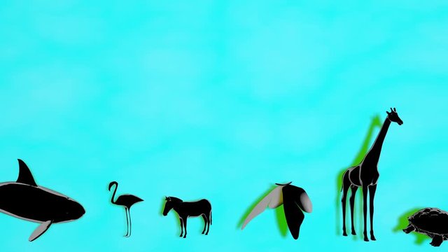Animal biodiversity.3d cartoon animation. Black pen and ink colors with subtle clouds and shadows in background