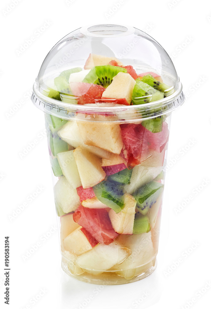 Poster fresh fruit pieces salad in plastic cup