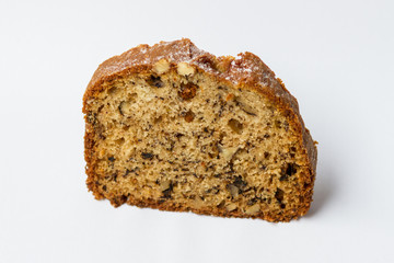 Banana bread slice, isolated on white background