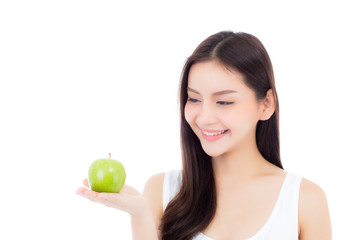 Beautiful young asian woman smile and holding green apple fruit with wellness and healthy isolated on white background.