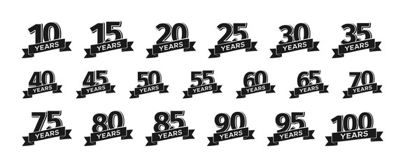 Collection of isolated anniversary logo numbers with ribbon vector illustration