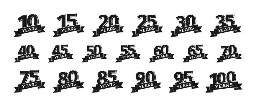 Collection of isolated anniversary logo numbers with ribbon vector illustration