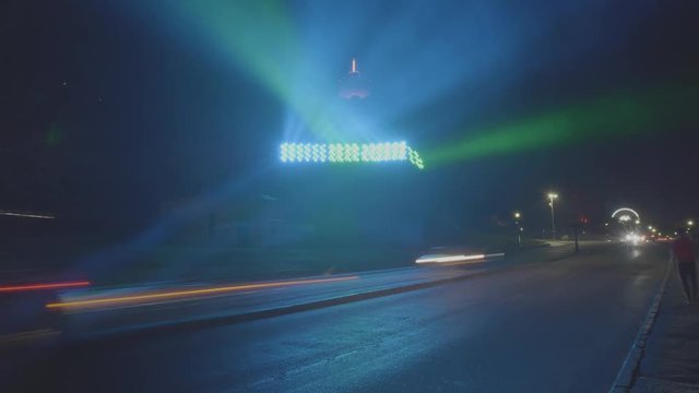 Niagara Falls Spotlights Time Lapse at Night and Skylon Tower Illuminating Waterfall, lit colorfully by mist