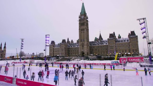 Establishing Shot of Parliament of Canada Winter Skating Rink