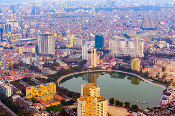 Aerial view of Hanoi cityscape at sunset time