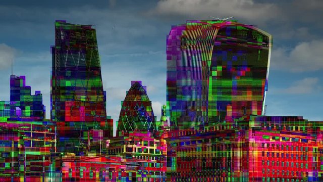 amazing london city timelapse with television glitch and distortion mapped over the skyline and building facades