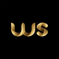 Initial lowercase letter ws, swirl curve rounded logo, elegant golden color on black background