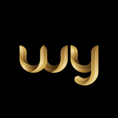 Initial lowercase letter wy, swirl curve rounded logo, elegant golden color on black background