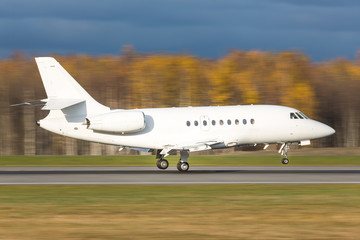 Fototapeta na wymiar Side view of a luxury corporate or private jet landing in motion/ Landing business jet low over the runway, day light, blurred autumn forest on background/ 