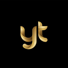 Initial lowercase letter yt, swirl curve rounded logo, elegant golden color on black background