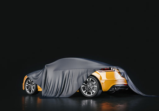 Fototapeta Yellow cars that are covered in fabric. 3d render and illustration.