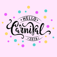 Hello Carnival text as logotype, badge, patch and icon isolated on pink background. Carnival hand drawn lettering for web, postcard, card, invitation, flyer, banner template.